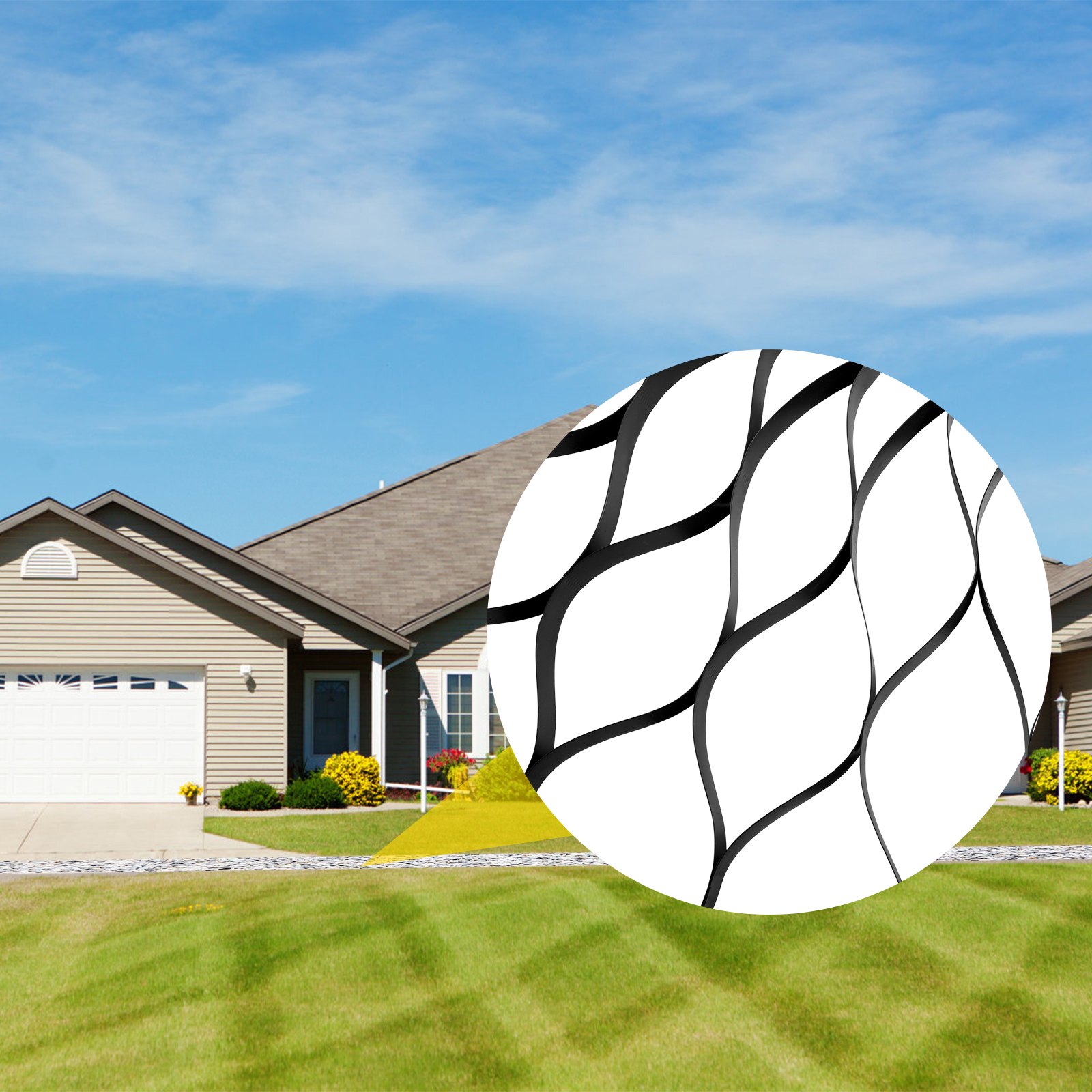 residential house with green lawn featuring VEVOR ground grid close-up inset.