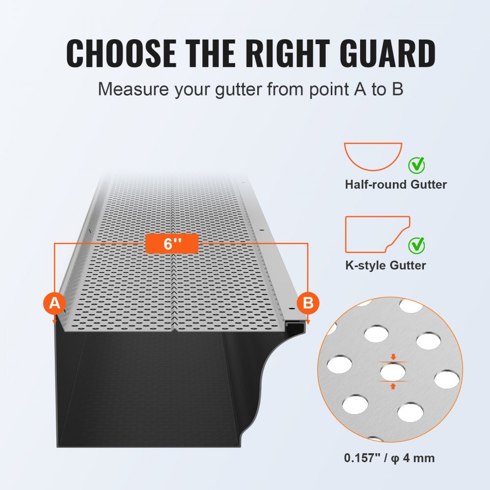 VEVOR Gutter Guard, 6 inch Width, Aluminum Leaf Filter DIY Gutter Cover, 52 PCS 208 ft Total Length, 0.157'' Hole Diameter & 0.02'' Thick Gutter Guards Fits Any Roof or Gutter Type