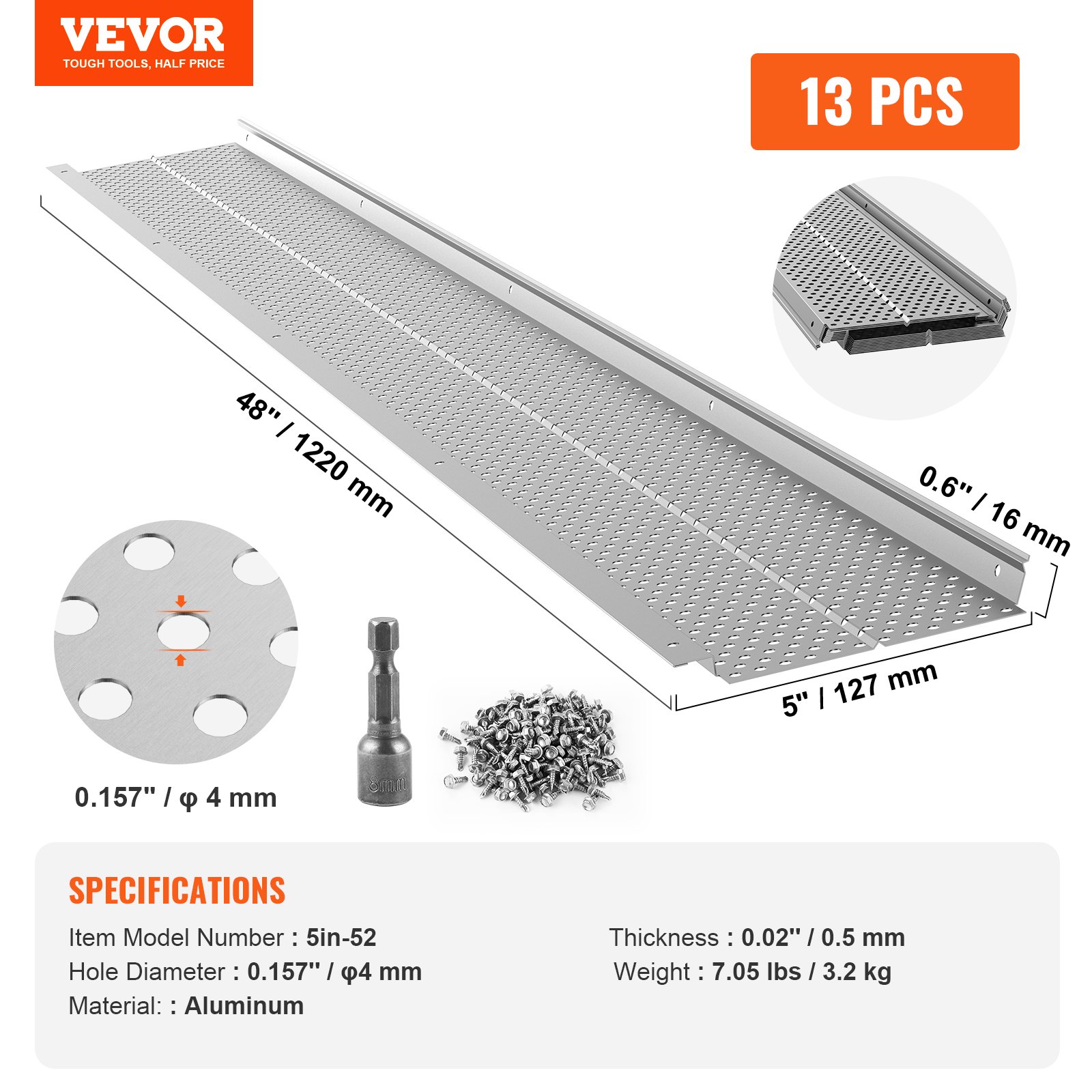 VEVOR Gutter Guard, 5 inch Width, Aluminum Leaf Filter DIY Gutter Cover, 13 PCS 52 ft Total Length, 0.157'' Hole Diameter & 0.02'' Thick Gutter Guards Fits Any Roof or Gutter Type