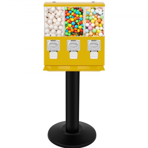 VEVOR Triple Head Candy Vending Machine with Stand Yellow Triple Pod Candy Gumball Vending Machine on Stand Commercial 3-Containers Gumball Bank Gumball Bank