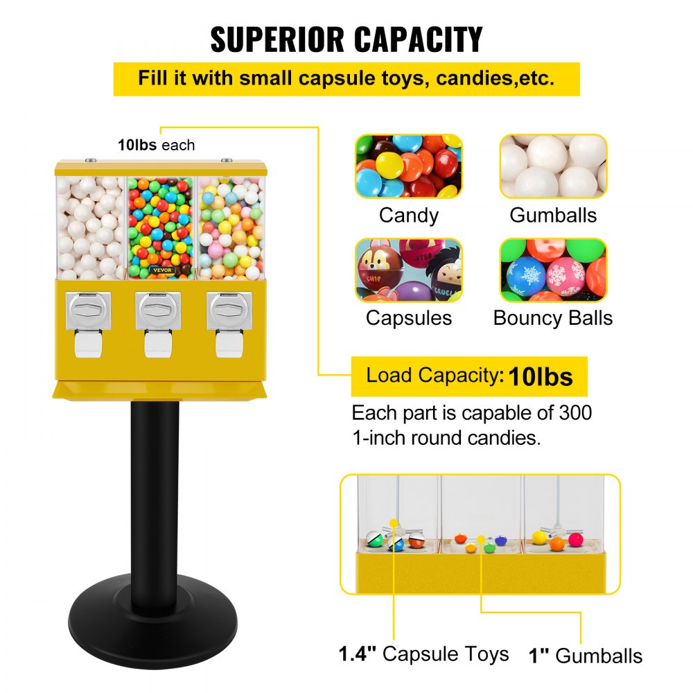 VEVOR Triple Head Candy Vending Machine, 1-inch Gumball Vending Machine, Commercial Gumball Vending Machine with Stand and Adjustable Candy Outlet Size, Candy Vending Machine for Home, Gaming Stores
