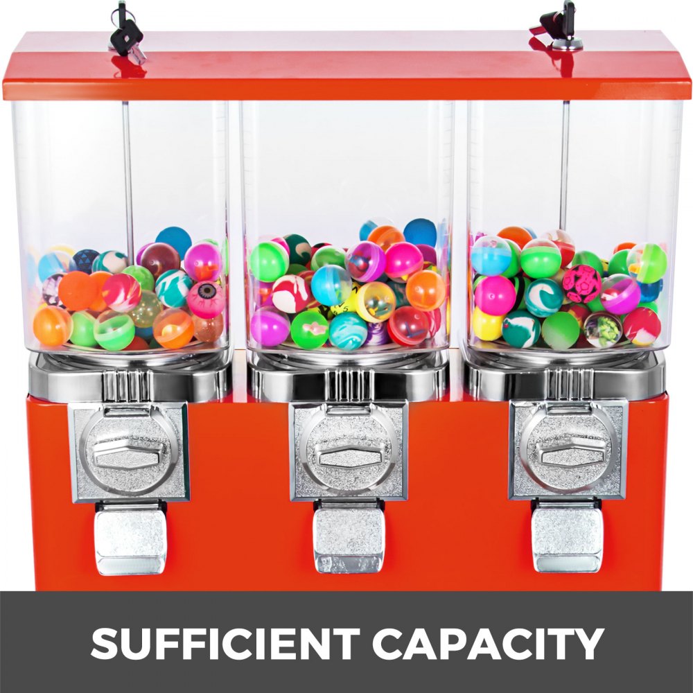 Red Triple Bulk Candy Vending Machine Three-head W/locks+keys Candy Dispenser