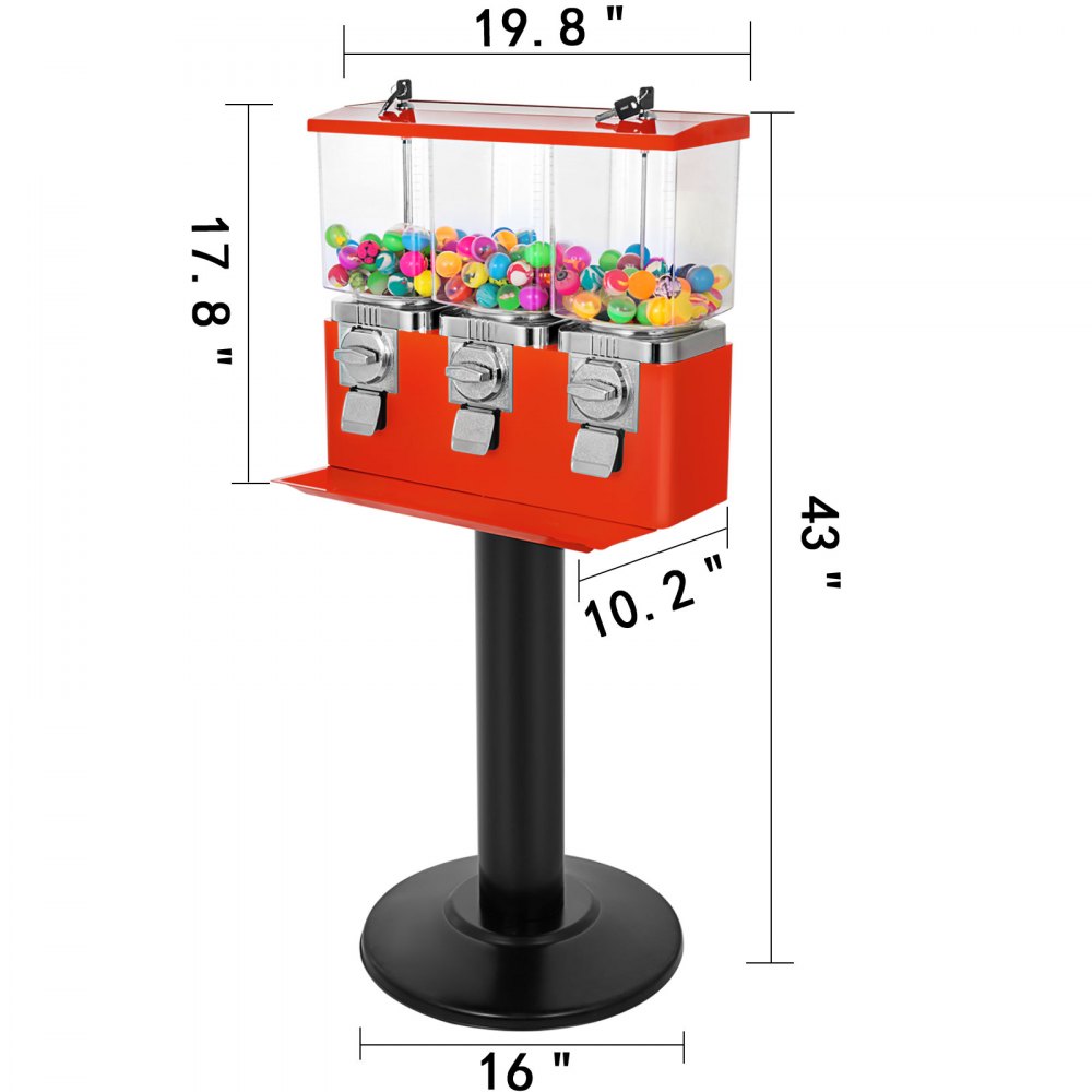Red Triple Bulk Candy Vending Machine Three-head W/locks+keys Candy Dispenser