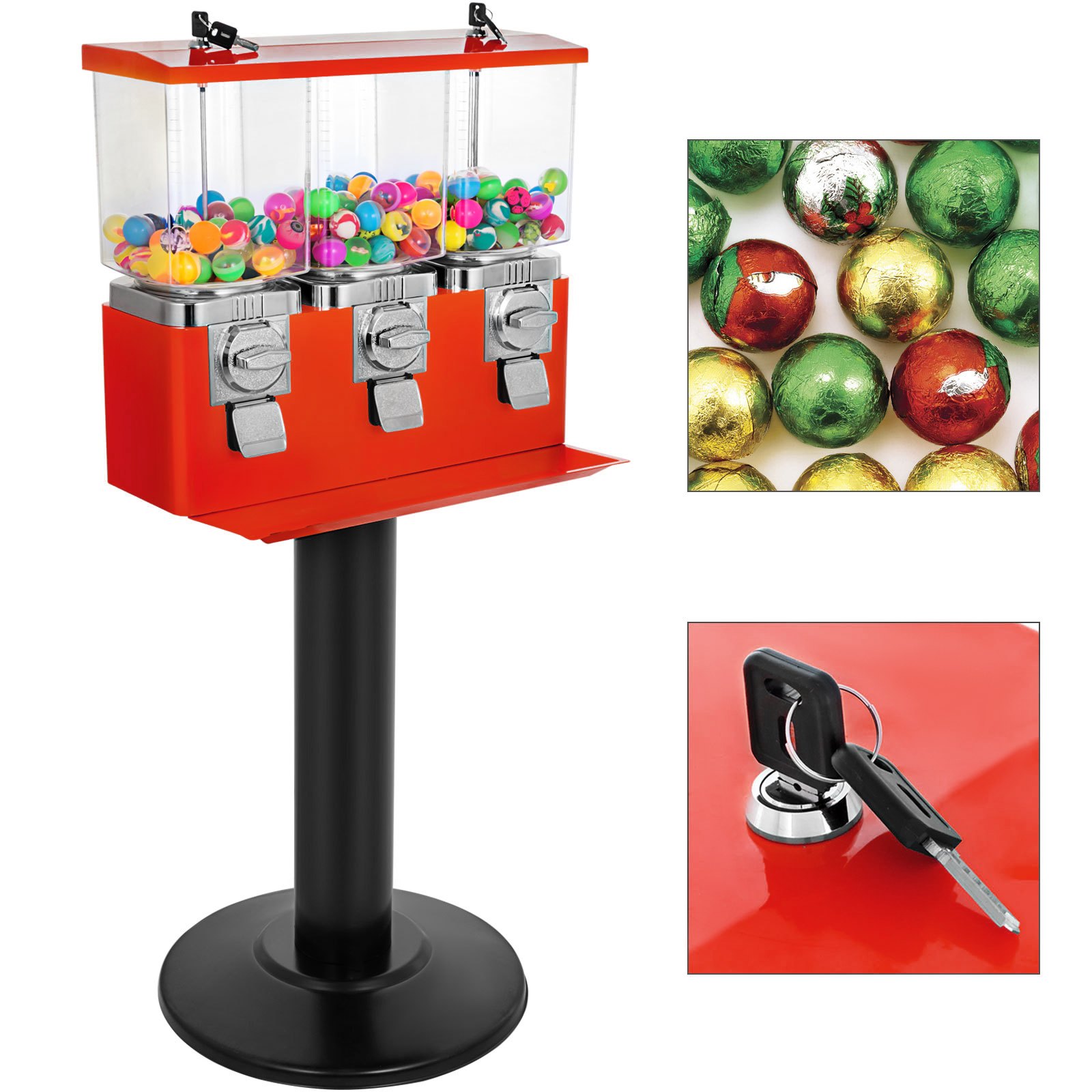 Red Triple Bulk Candy Vending Machine Three-head W/locks+keys Candy Dispenser
