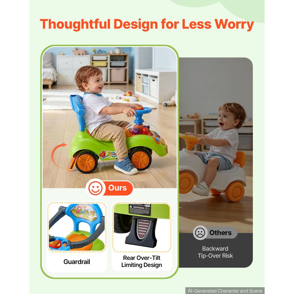 VEVOR Ride On Push Car for Toddler 19+ Months Sit-to-Stand Push Car Handle, for Boys Girls, Around Buggy with Guardrails, Detachable Canopy, Music & Light & Storage, Detachable Back,Indoor Outdoor