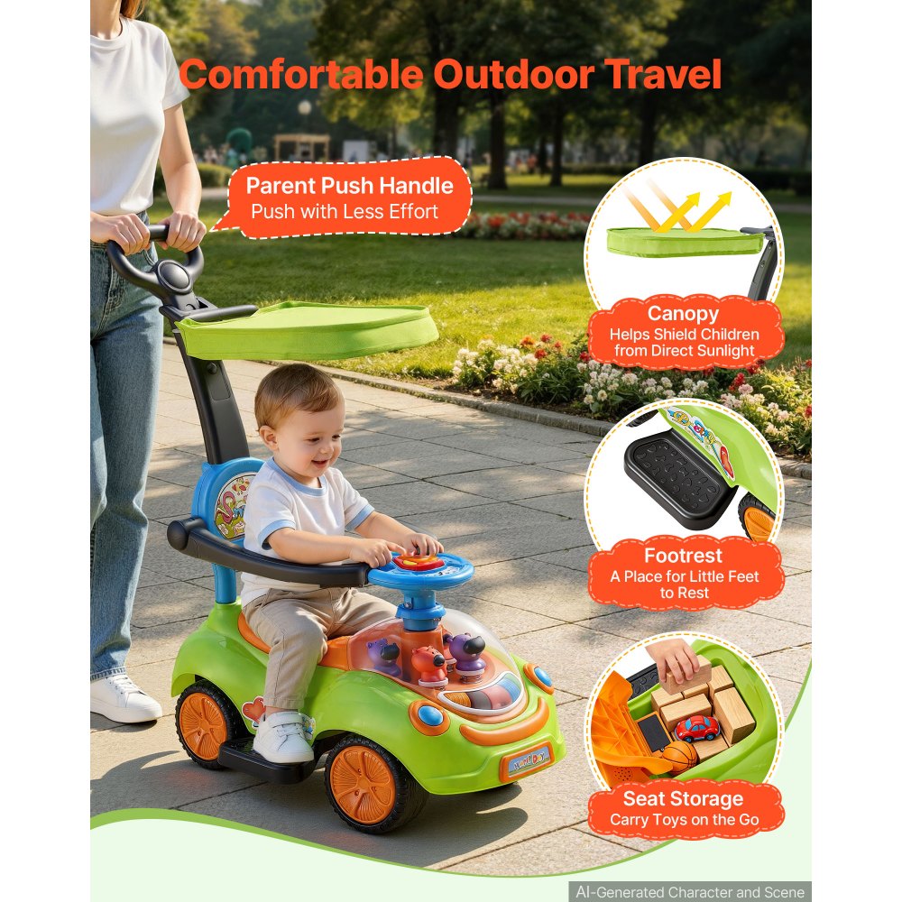 VEVOR Ride On Push Car for Toddler 19+ Months Sit-to-Stand Push Car Handle, for Boys Girls, Around Buggy with Guardrails, Detachable Canopy, Music & Light & Storage, Detachable Back,Indoor Outdoor