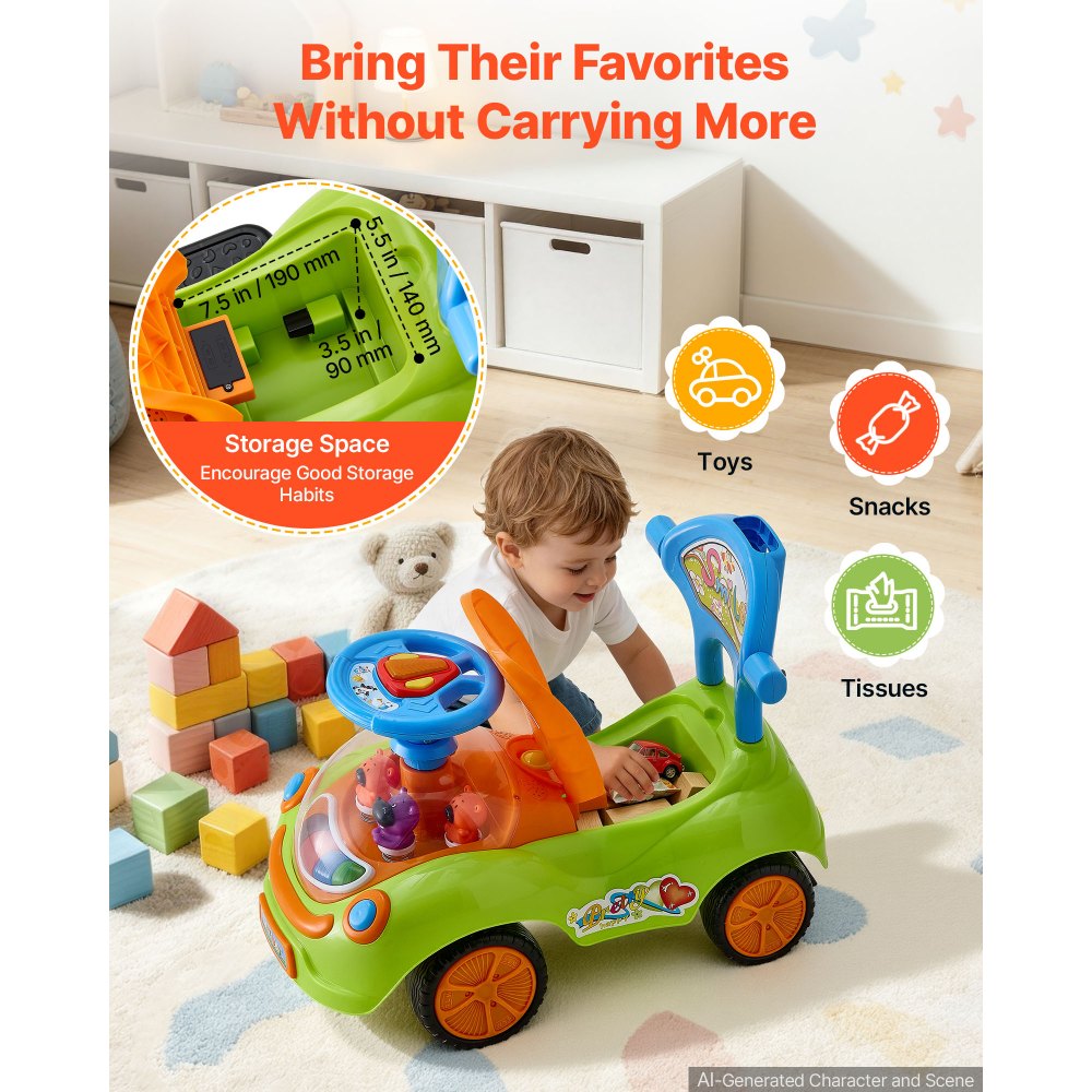 VEVOR Ride On Push Car for Toddler 19+ Months Sit-to-Stand Push Car Handle, for Boys Girls, Around Buggy with Guardrails, Detachable Canopy, Music & Light & Storage, Detachable Back,Indoor Outdoor