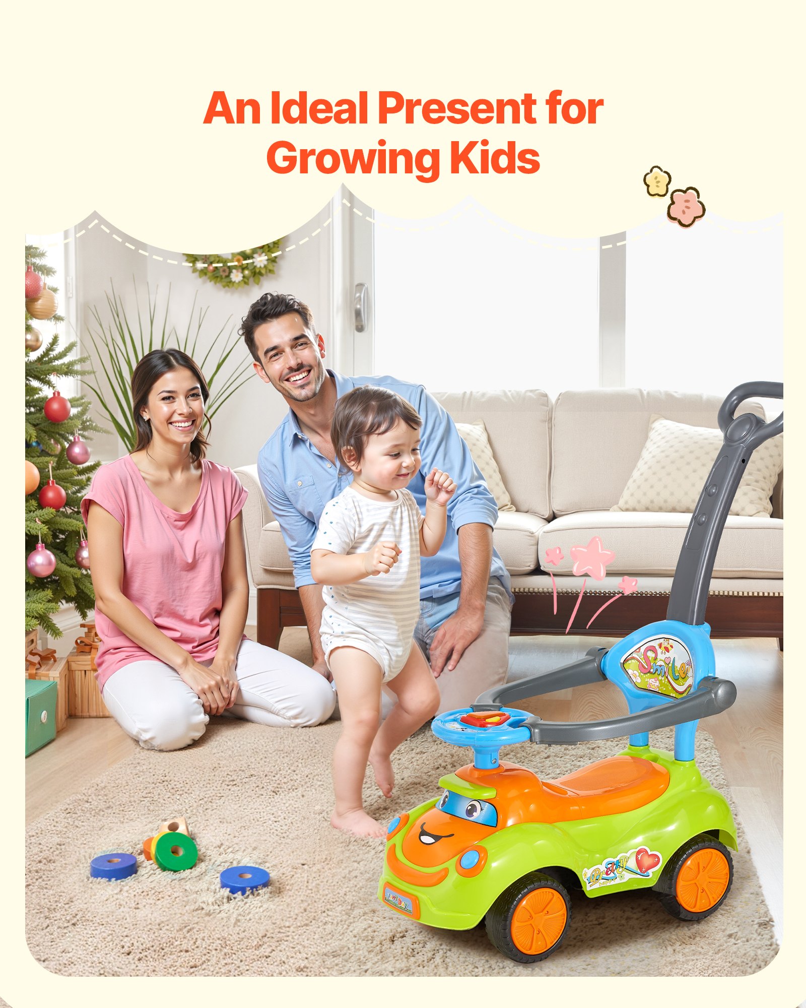 VEVOR Carrinho de passeio, carrinho de empurrar para crianças de 19 a 36 meses, carrinho de passeio com grades de proteção, alça e armazenamento sob o assento, capacidade de carga de 25 kg, andador que vai do chão ao pé para meninos e meninas, verde