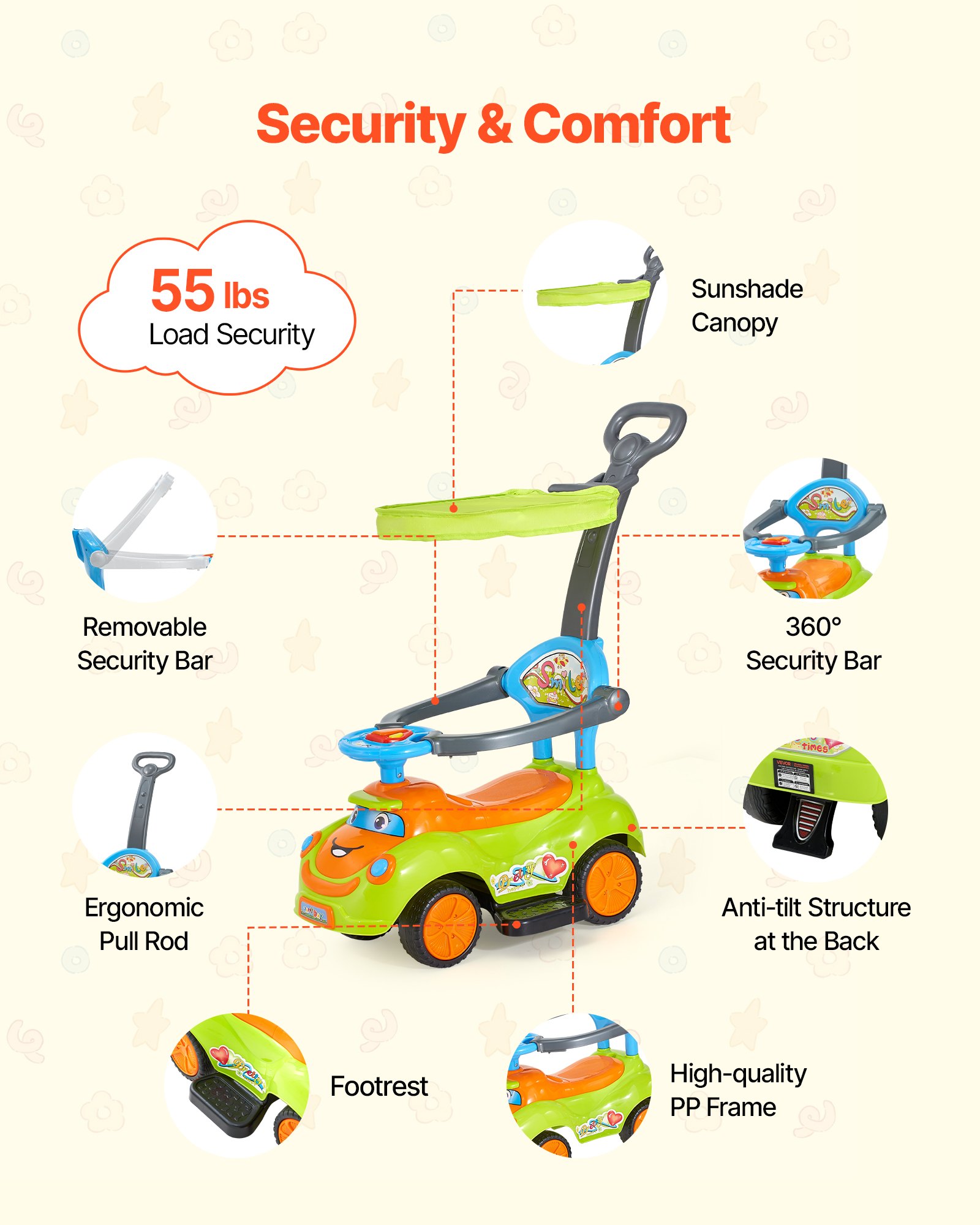 Cochecito de paseo VEVOR para niños de 19 a 36 meses, con barandillas, asa y compartimento bajo el asiento, capacidad de carga de 25 kg, andador con pedales para niños y niñas, color verde
