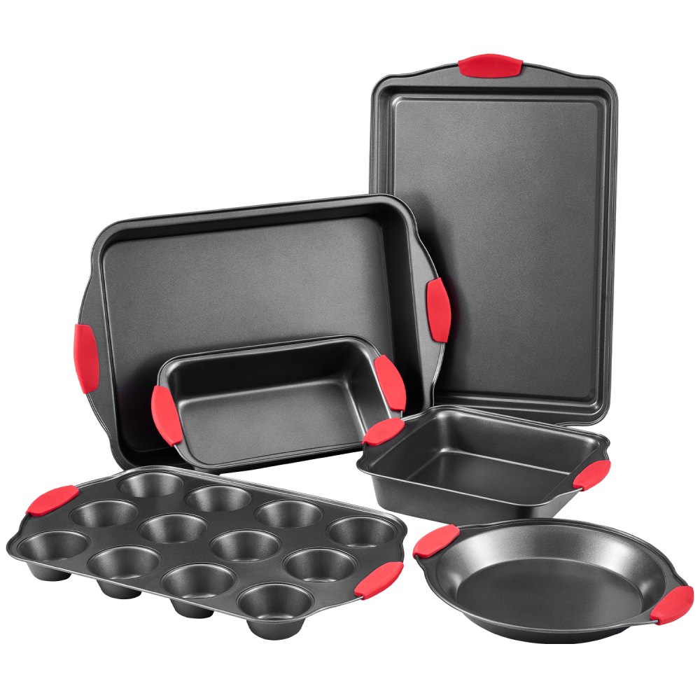 VEVOR Baking Pans Set, 6-Piece, Nonstick Carbon Steel Cookware Sheets & Trays, Stackable Kitchen Oven Bakeware Cooking Sets with Silicone Handles, Easy to Clean, for Baking Cookie Cake Muffin Bread