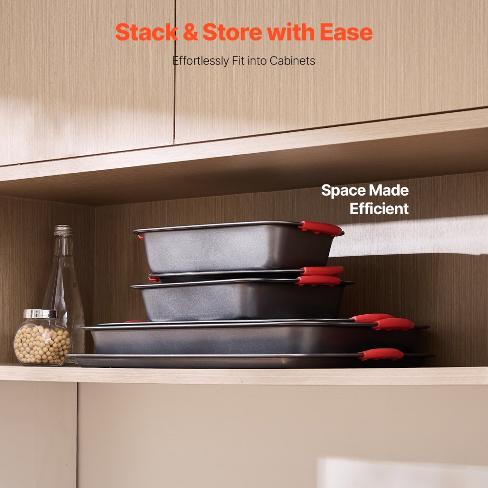 VEVOR Baking Pans Set, 6-Piece, Nonstick Carbon Steel Cookware Sheets & Trays, Stackable Kitchen Oven Bakeware Cooking Sets with Silicone Handles, Easy to Clean, for Baking Cookie Cake Muffin Bread