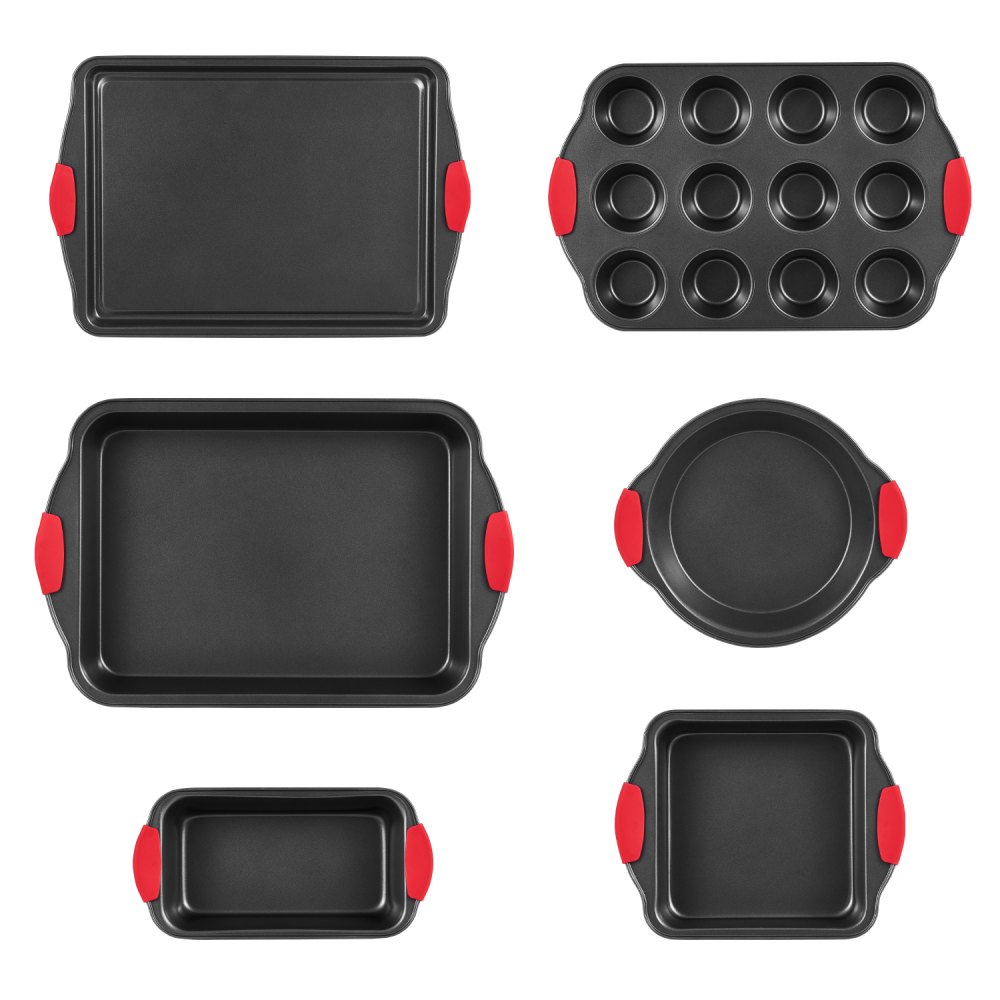 VEVOR Baking Pans Set, 6-Piece, Nonstick Carbon Steel Cookware Sheets & Trays, Stackable Kitchen Oven Bakeware Cooking Sets with Silicone Handles, Easy to Clean, for Baking Cookie Cake Muffin Bread