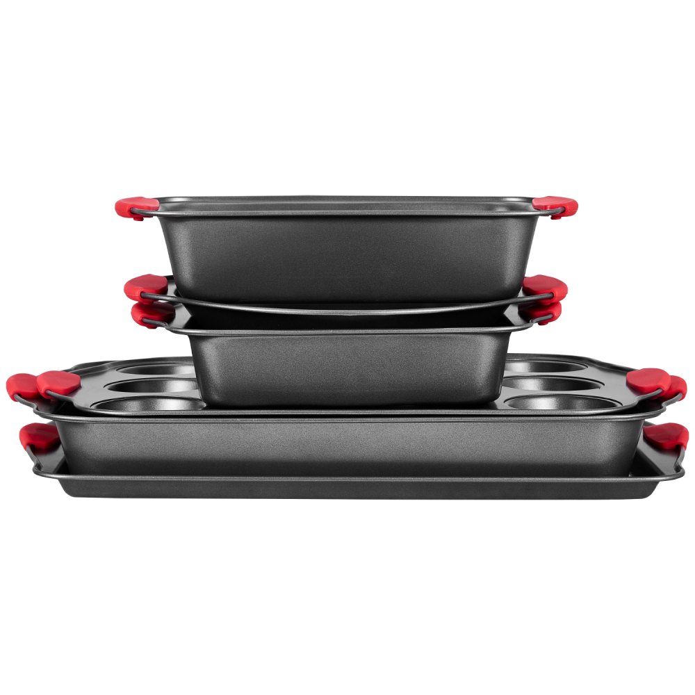 VEVOR Baking Pans Set, 6-Piece, Nonstick Carbon Steel Cookware Sheets & Trays, Stackable Kitchen Oven Bakeware Cooking Sets with Silicone Handles, Easy to Clean, for Baking Cookie Cake Muffin Bread