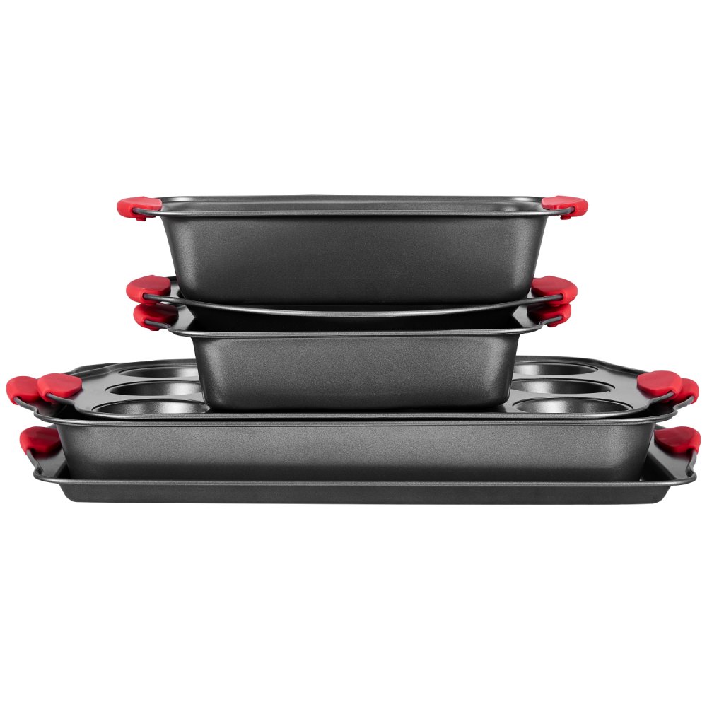 VEVOR Baking Pans Set, 6-Piece, Nonstick Carbon Steel Cookware Sheets & Trays, Stackable Kitchen Oven Bakeware Cooking Sets with Silicone Handles, Easy to Clean, for Baking Cookie Cake Muffin Bread