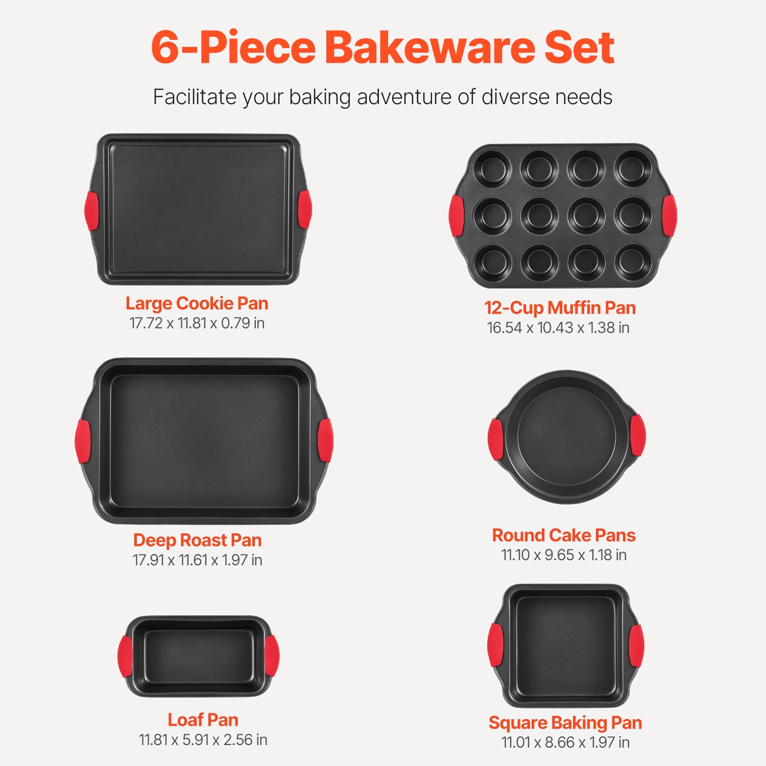 VEVOR Baking Pans Set, 6-Piece, Nonstick Carbon Steel Cookware Sheets & Trays, Stackable Kitchen Oven Bakeware Cooking Sets with Silicone Handles, Easy to Clean, for Baking Cookie Cake Muffin Bread