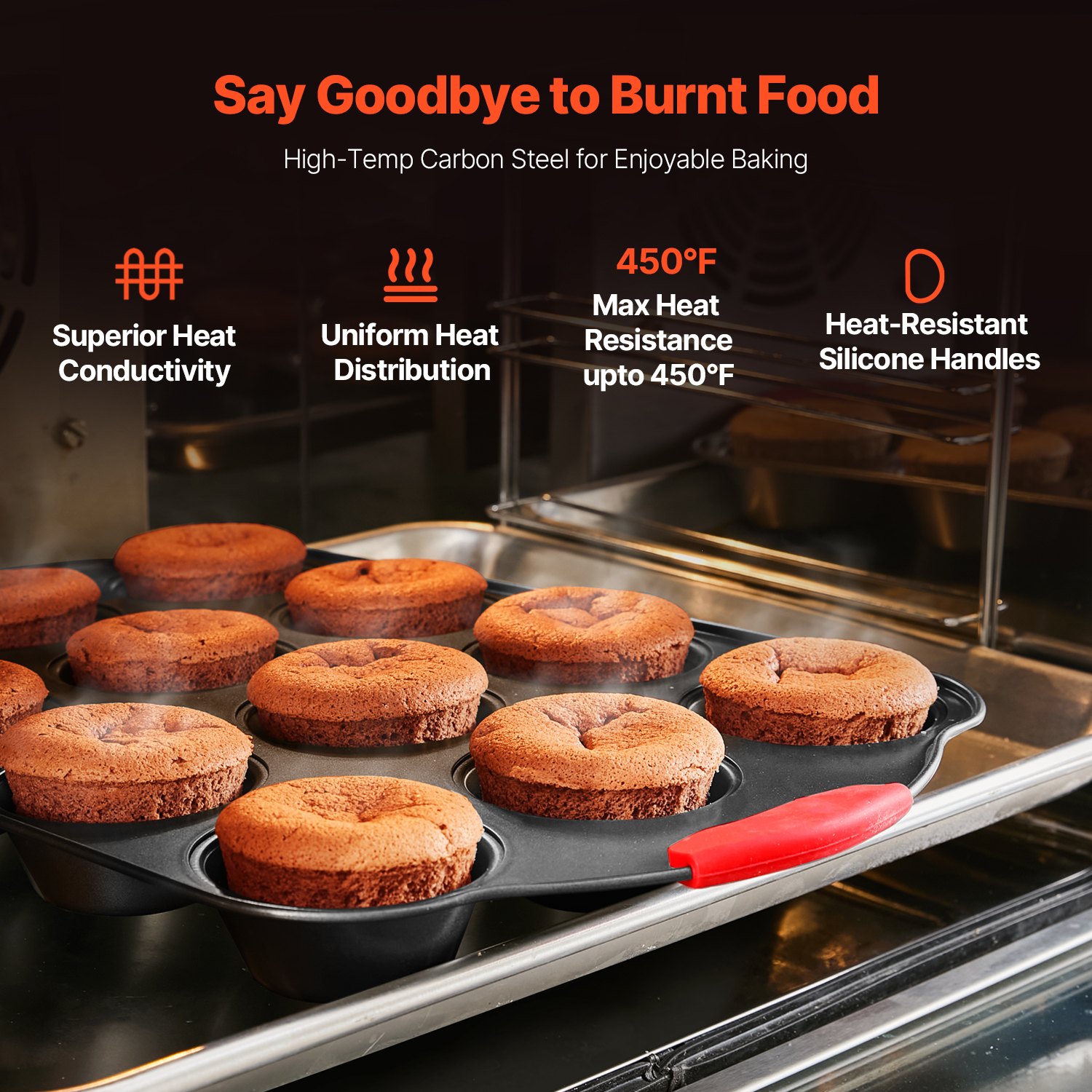 VEVOR Baking Pans Set, 6-Piece, Nonstick Carbon Steel Cookware Sheets & Trays, Stackable Kitchen Oven Bakeware Cooking Sets with Silicone Handles, Easy to Clean, for Baking Cookie Cake Muffin Bread