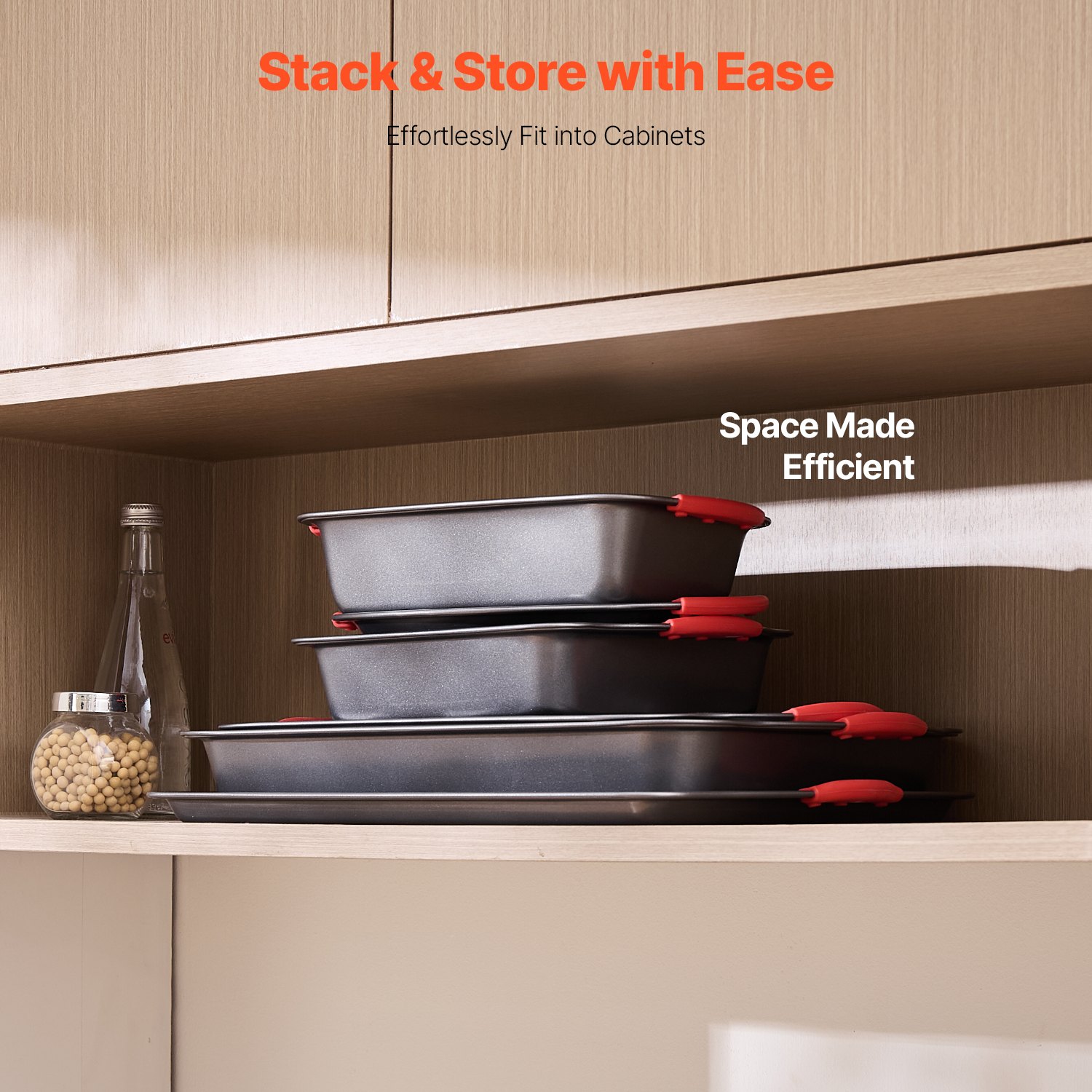 VEVOR Baking Pans Set, 6-Piece, Nonstick Carbon Steel Cookware Sheets & Trays, Stackable Kitchen Oven Bakeware Cooking Sets with Silicone Handles, Easy to Clean, for Baking Cookie Cake Muffin Bread