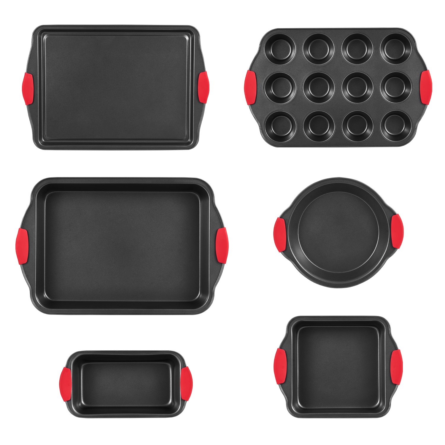 VEVOR Baking Pans Set, 6-Piece, Nonstick Carbon Steel Cookware Sheets & Trays, Stackable Kitchen Oven Bakeware Cooking Sets with Silicone Handles, Easy to Clean, for Baking Cookie Cake Muffin Bread