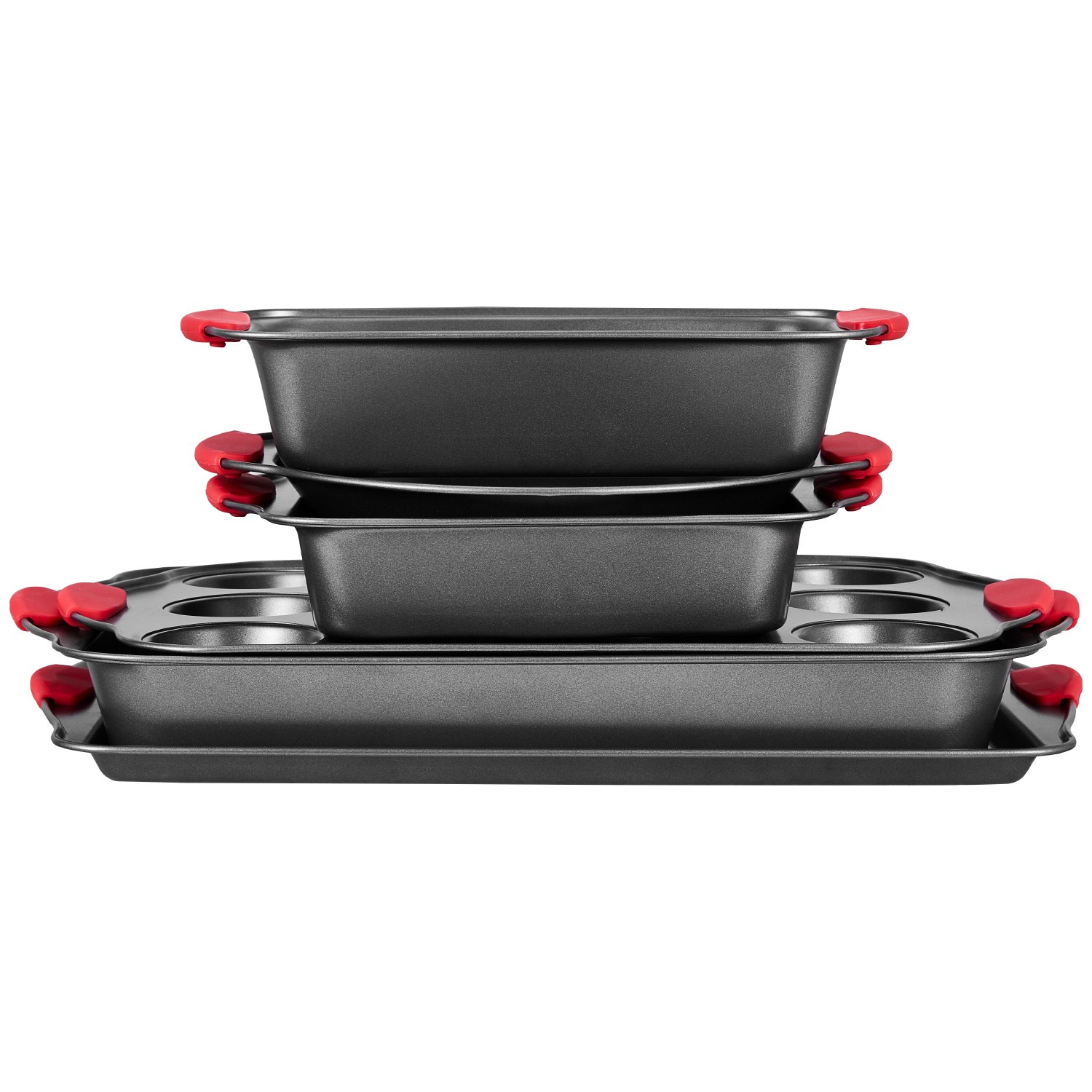 VEVOR Baking Pans Set, 6-Piece, Nonstick Carbon Steel Cookware Sheets & Trays, Stackable Kitchen Oven Bakeware Cooking Sets with Silicone Handles, Easy to Clean, for Baking Cookie Cake Muffin Bread