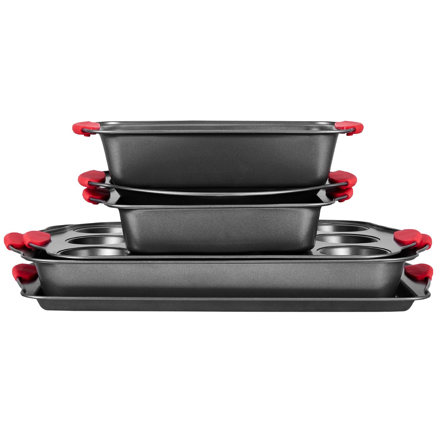 VEVOR Baking Pans Set, 6-Piece, Nonstick Carbon Steel Cookware Sheets & Trays, Stackable Kitchen Oven Bakeware Cooking Sets with Silicone Handles, Easy to Clean, for Baking Cookie Cake Muffin Bread