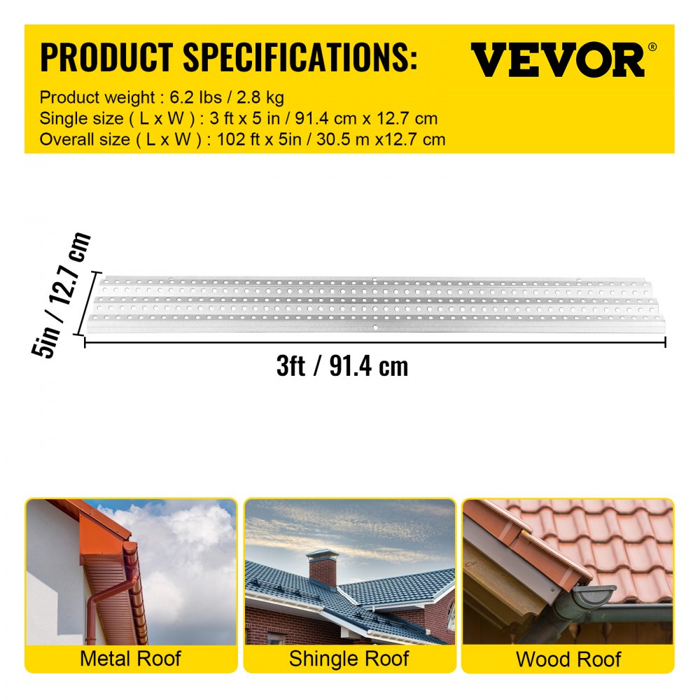 VEVOR Gutter Guards, 5" x 3' Each Gutter Covers System, 35 Packs 105 FT Leaf Gutter Guards, Mill Finish Aluminum Guards for Gutter, DIY Length Cut Gutter Covers for Roofs of Wood, Mental, Shingle