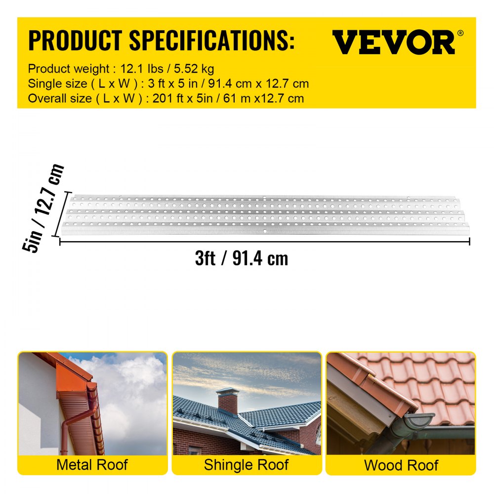 VEVOR Gutter Guards, 5" x 3' Each Gutter Covers System, 69 Packs 207 FT Leaf Gutter Guards, Mill Finish Aluminum Guards for Gutter, DIY Length Cut Gutter Covers for Roofs of Wood, Mental, Shingle