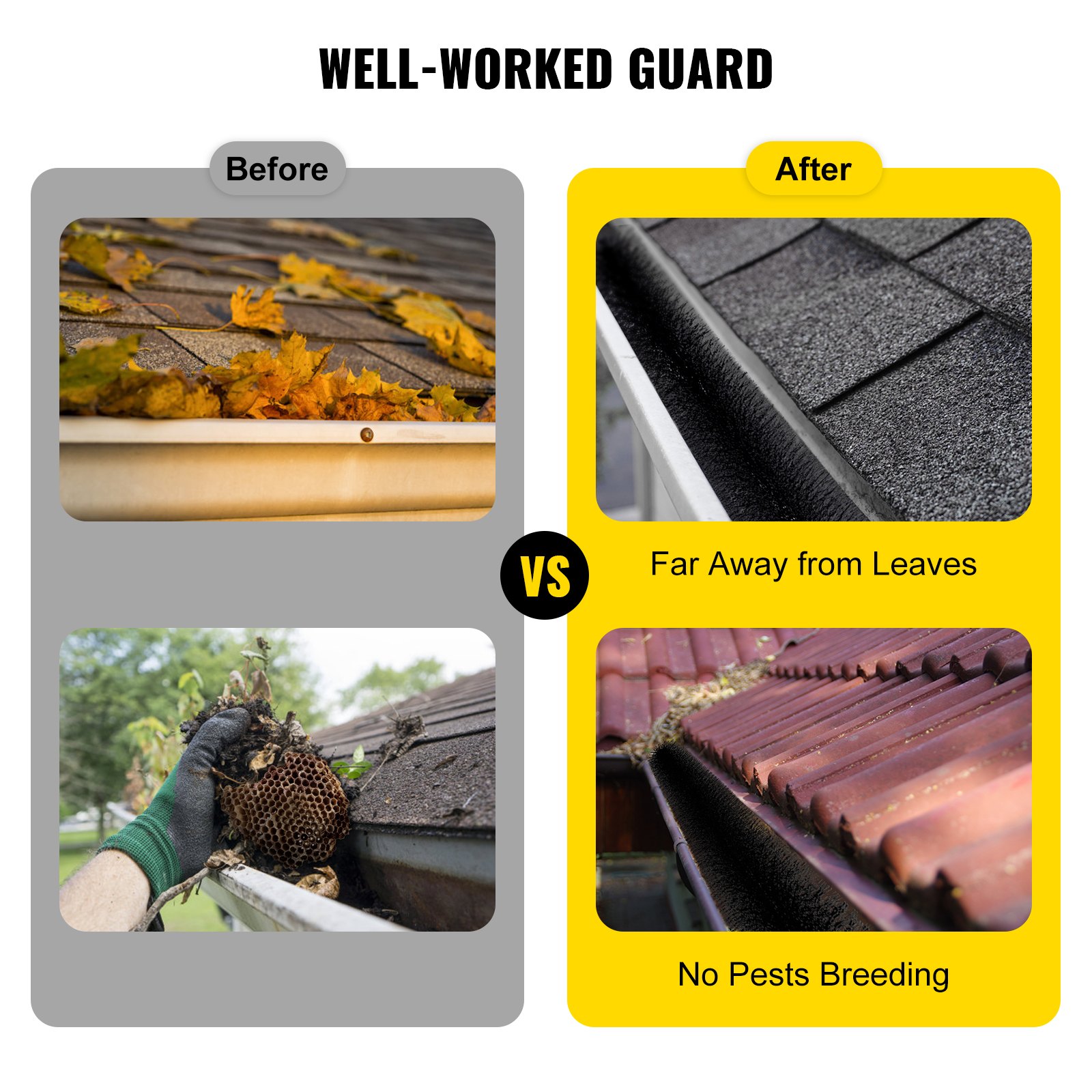 VEVOR Gutter Guard Brush with 15 FT Length Bristle, 4.33"(Dia) Gutter Brush Leaf Guard Fit for 5 Inches Gutter, Galvanized Steel Wire Gutter Brush, No Tools, DIY Gutter Leaf Guard for Keep Out Debris