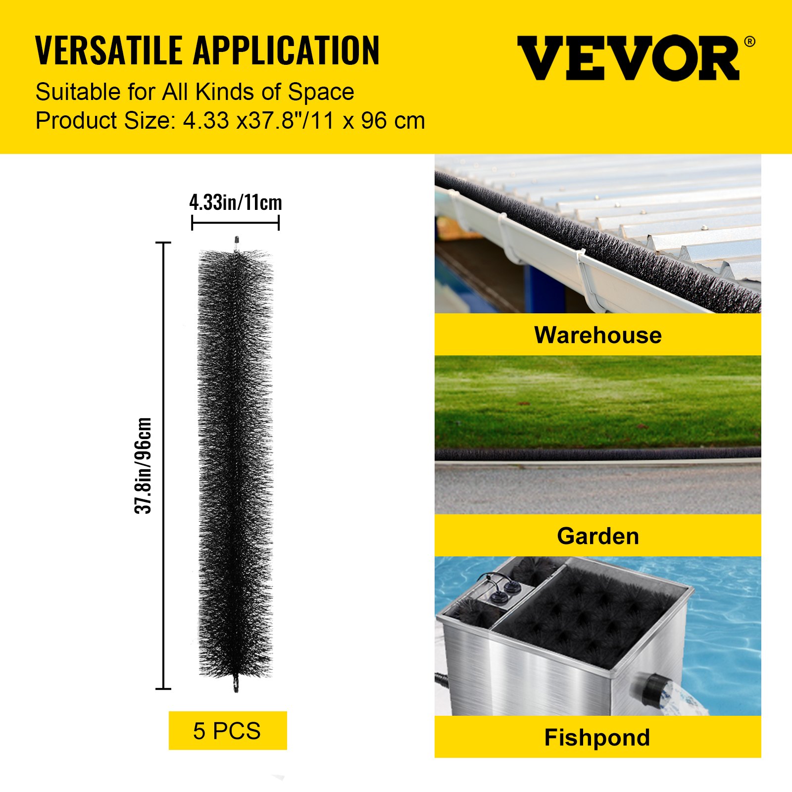 VEVOR Gutter Guard Brush with 15 FT Length Bristle, 4.33"(Dia) Gutter Brush Leaf Guard Fit for 5 Inches Gutter, Galvanized Steel Wire Gutter Brush, No Tools, DIY Gutter Leaf Guard for Keep Out Debris