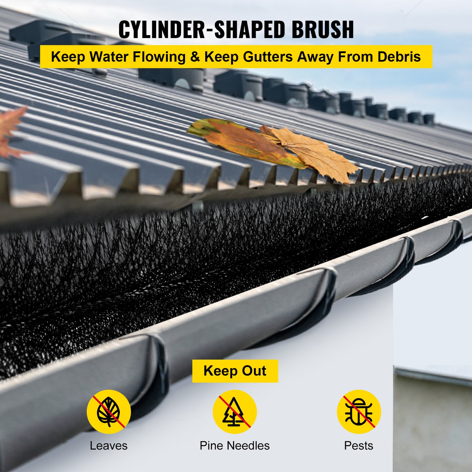 VEVOR Gutter Guard Brush with 60 FT Length Bristle, 4.33"(Dia) Gutter Brush Leaf Guard Fit for 5 Inches Gutter, Galvanized Steel Wire Gutter Brush, No Tools, DIY Gutter Leaf Guard for Keep Out Debris