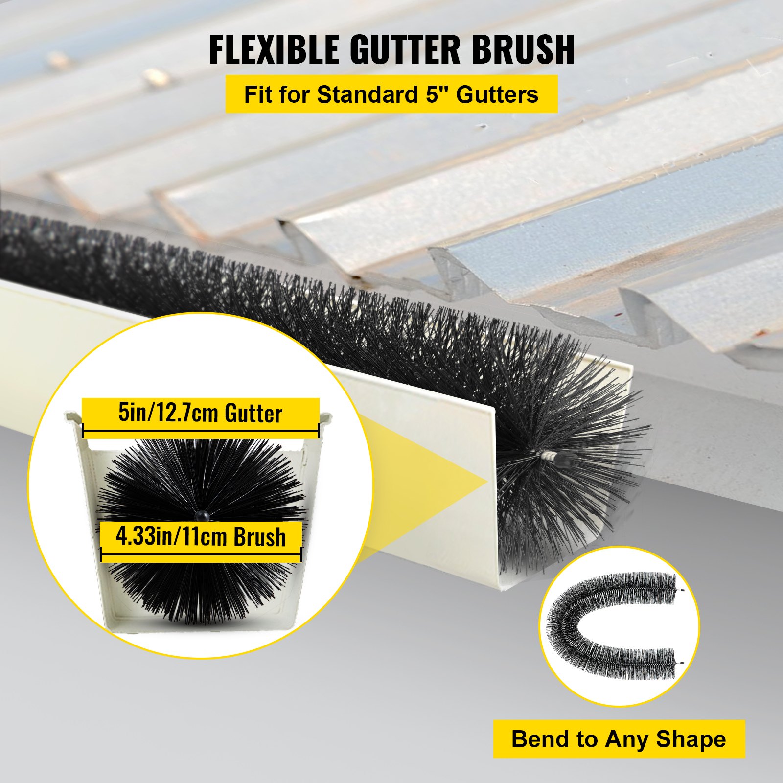 VEVOR Gutter Guard Brush with 60 FT Length Bristle, 4.33"(Dia) Gutter Brush Leaf Guard Fit for 5 Inches Gutter, Galvanized Steel Wire Gutter Brush, No Tools, DIY Gutter Leaf Guard for Keep Out Debris