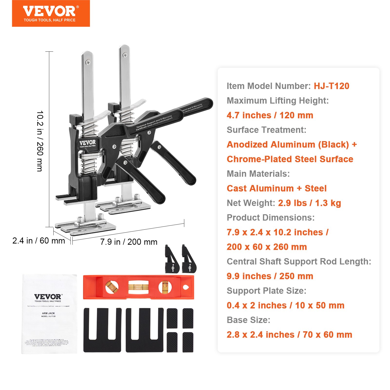 VEVOR Labor Saving Arm Jack, 2 PCS Bearing Capacity 200 lbs, Lifting up to 4.7", Hand Lifting Jack Tool with Magnetic Level, Door Panel Lifting Cabinet Jack for Door, Window, Furniture, Woodworking