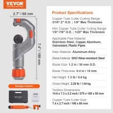 VEVOR 3PCS Tubing Cutter Set - Heavy Duty Pipe Cutter 3/16"-2"OD, Mini Tube Cutter 1/8"-7/8" & Deburring Tool, Professional Ultimate Pipe Cutter Set for Stainless Steel, Copper, Aluminum, Plastic Pipe