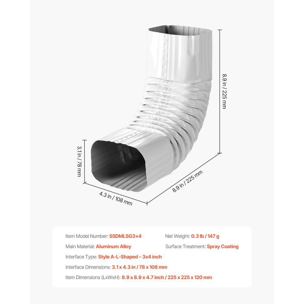VEVOR Downspout Gutter Elbow, fits 3x4 Inch Style A L-Shaped, Interface Size 3.1x4.3 in / 78x108 mm, Aluminum Alloy 90 Degree Gutter Elbow, for Residential, Commercial Building, Industrial Warehouse