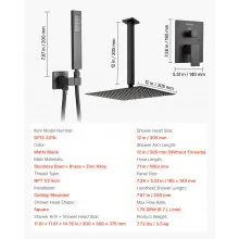 Shower Faucet Set 12" Square Rain Shower Head and Hand Set Matte Black