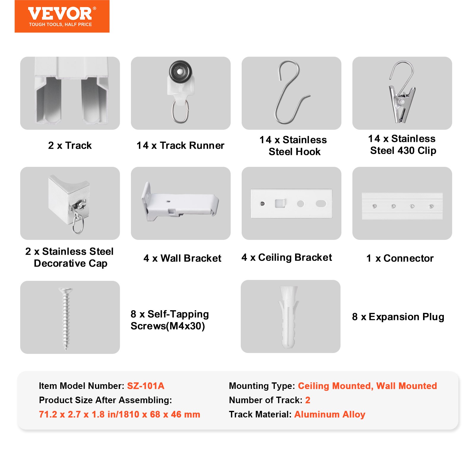 VEVOR Ceiling Curtain Track Set, 5.9 FT/1.8 Meter, Sliding Ceiling Track System for Curtains, Room Divider Curtain Track Ceiling/Wall Mounted for Living Room Bedroom with Hooks and Hardware, White
