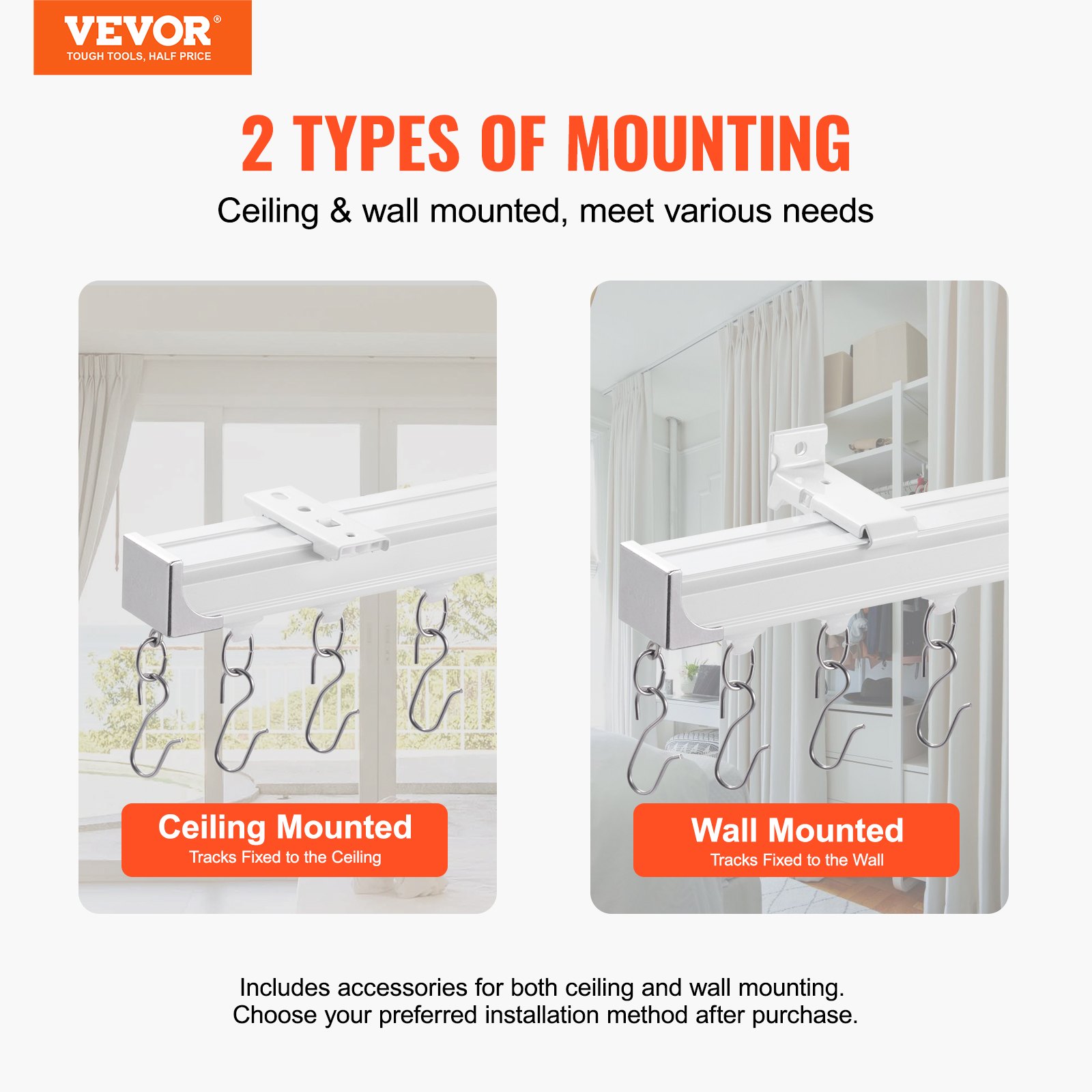 VEVOR Ceiling Curtain Track Set, 17.7 FT/5.4 Meter, Sliding Ceiling Track System for Curtains, Room Divider Curtain Track Ceiling/Wall Mounted for Living Room Bedroom with Hooks and Hardware, White