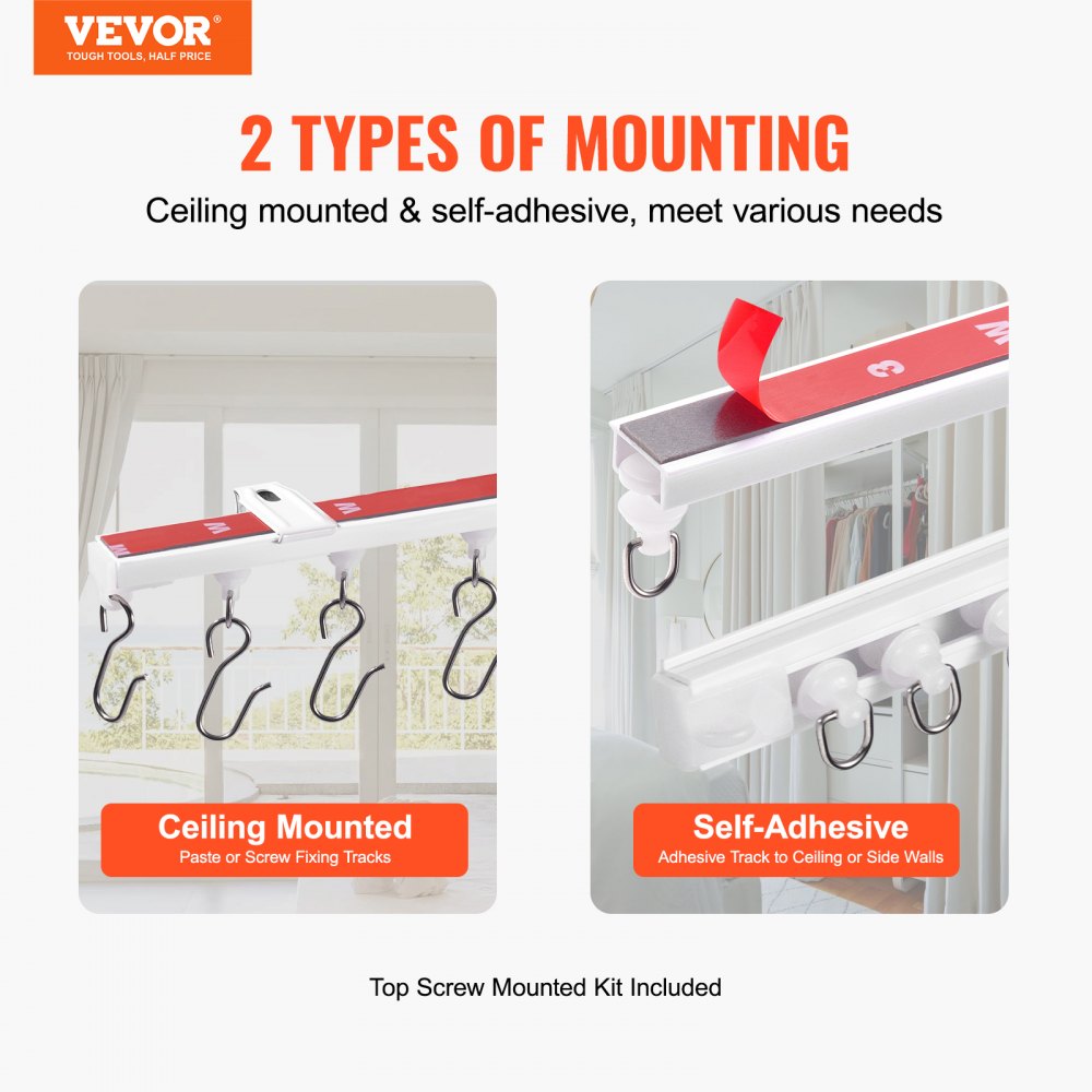 VEVOR Ceiling Curtain Track Set,3 Meter, Self Adhesive, No Drill Ceiling Track System for Curtains, Room Divider Curtain Track Ceiling Mounted for Living Room with Hooks and Hardware, White