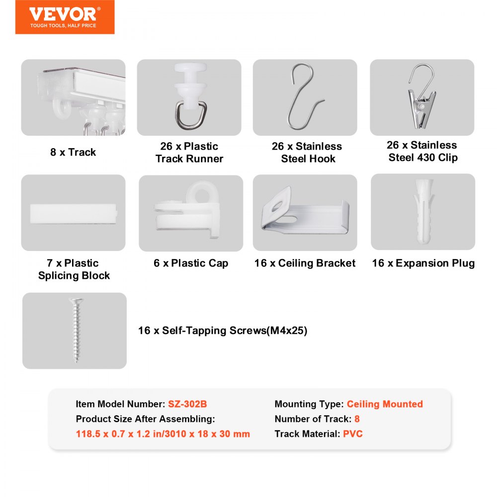 VEVOR Ceiling Curtain Track Set,3 Meter, Self Adhesive, No Drill Ceiling Track System for Curtains, Room Divider Curtain Track Ceiling Mounted for Living Room with Hooks and Hardware, White