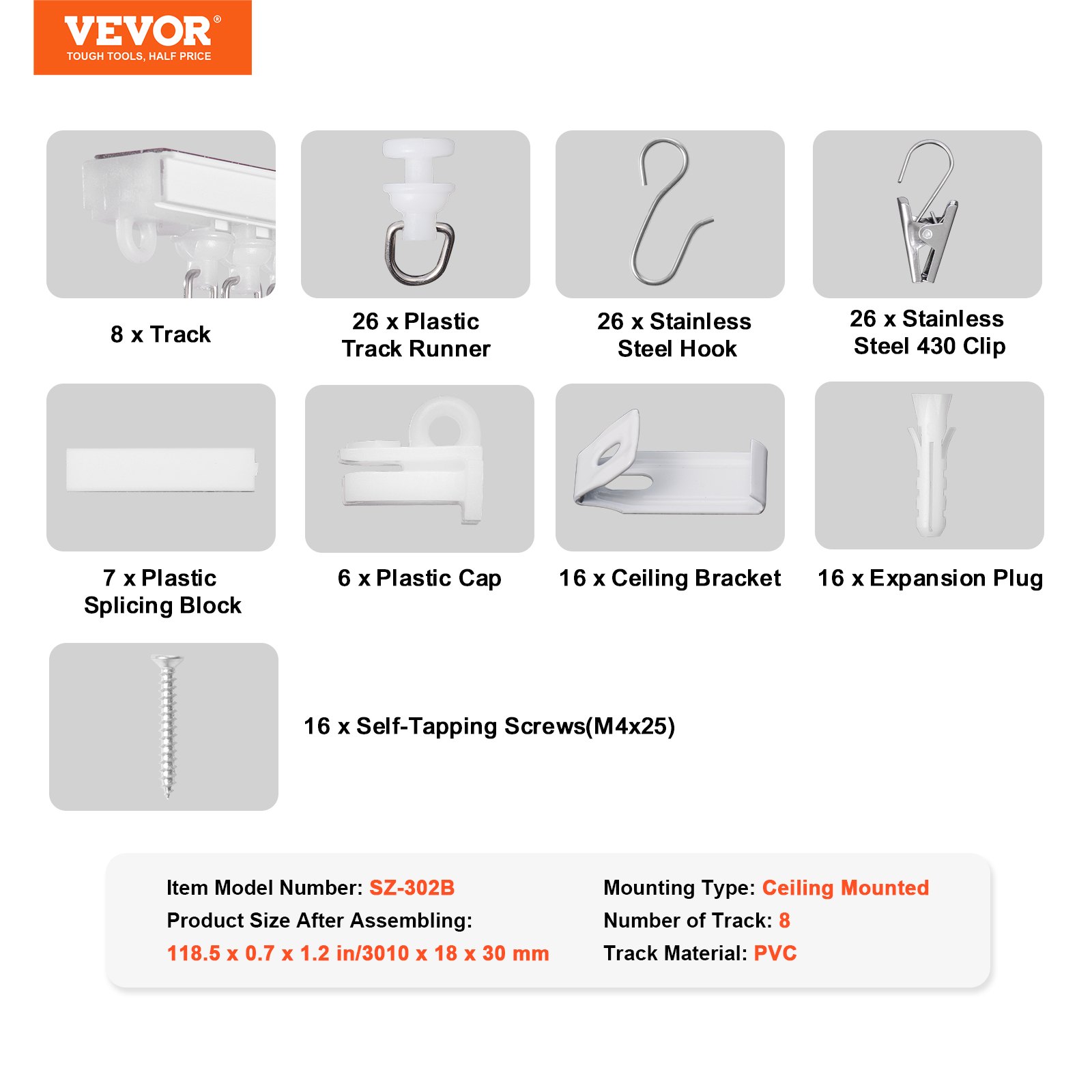 VEVOR Ceiling Curtain Track Set,3 Meter, Self Adhesive, No Drill Ceiling Track System for Curtains, Room Divider Curtain Track Ceiling Mounted for Living Room with Hooks and Hardware, White