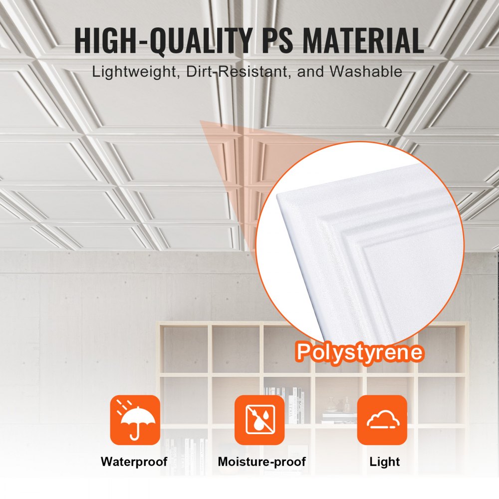 VEVOR Ceiling Tiles, 16-Pack 20 x 20 in, Drop Ceiling Tiles Premium Polystyrene Sheet, Easy Installation/ Cutting Plastic Glue-up Ceiling Tile, Basement Ceiling Covering for Home/Office Decoration