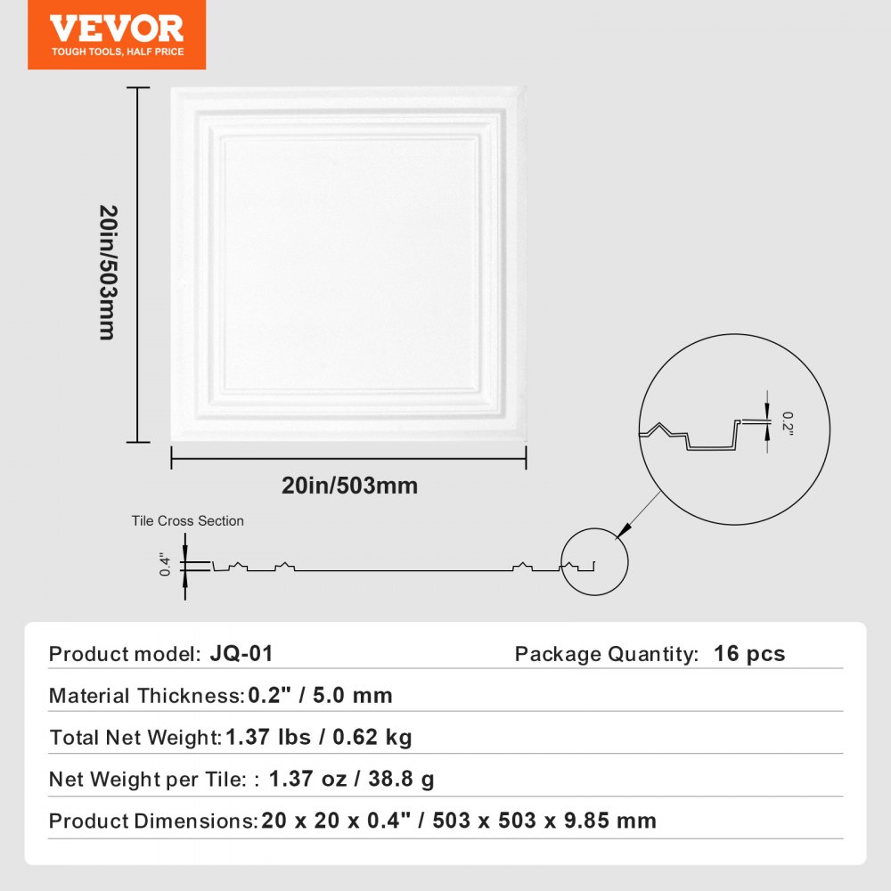VEVOR Ceiling Tiles, 16-Pack 20 x 20 in, Drop Ceiling Tiles Premium Polystyrene Sheet, Easy Installation/ Cutting Plastic Glue-up Ceiling Tile, Basement Ceiling Covering for Home/Office Decoration