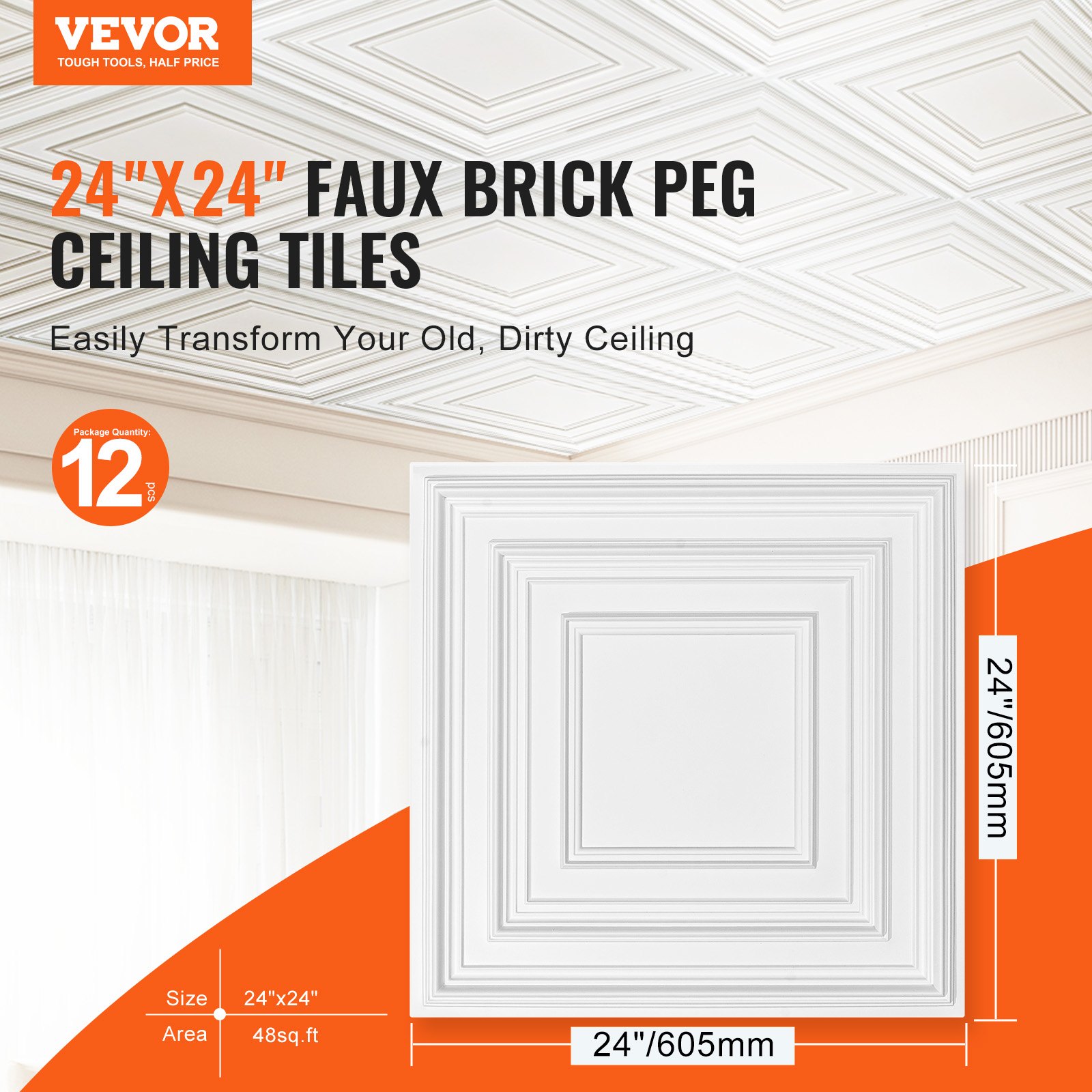 VEVOR Ceiling Tiles 12-Pack 60.5X60.5cm PVC Easy Installation White Peg Pattern