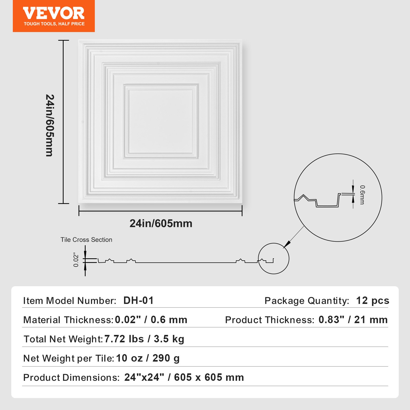 VEVOR Ceiling Tiles 12-Pack 60.5X60.5cm PVC Easy Installation White Peg Pattern