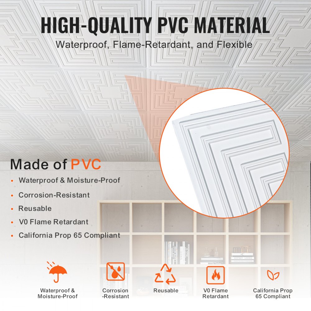 VEVOR Ceiling Tiles, 12-Pack 24 x 24 in, Drop Ceiling Tiles Premium PVC Sheet, Easy Installation/ Cutting Plastic Glue-up Ceiling Tile, Ceiling Covering for Home/Office Decoration, White Echo Pattern