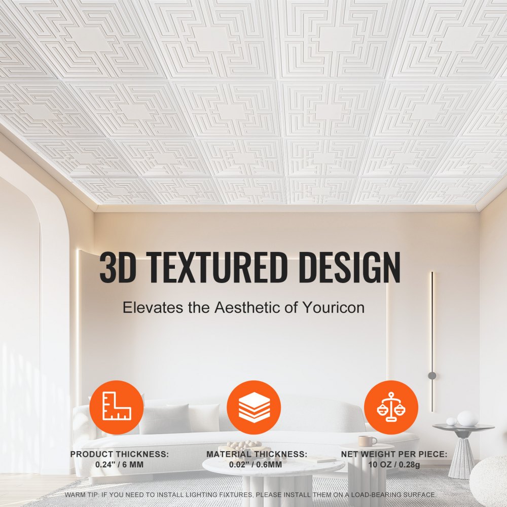 VEVOR Ceiling Tiles, 12-Pack 24 x 24 in, Drop Ceiling Tiles Premium PVC Sheet, Easy Installation/ Cutting Plastic Glue-up Ceiling Tile, Ceiling Covering for Home/Office Decoration, White Echo Pattern