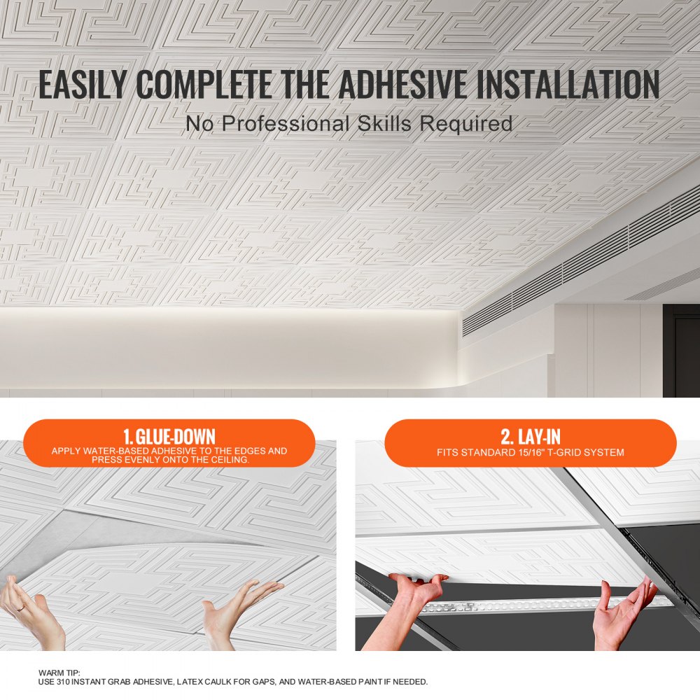 VEVOR Ceiling Tiles, 12-Pack 24 x 24 in, Drop Ceiling Tiles Premium PVC Sheet, Easy Installation/ Cutting Plastic Glue-up Ceiling Tile, Ceiling Covering for Home/Office Decoration, White Echo Pattern