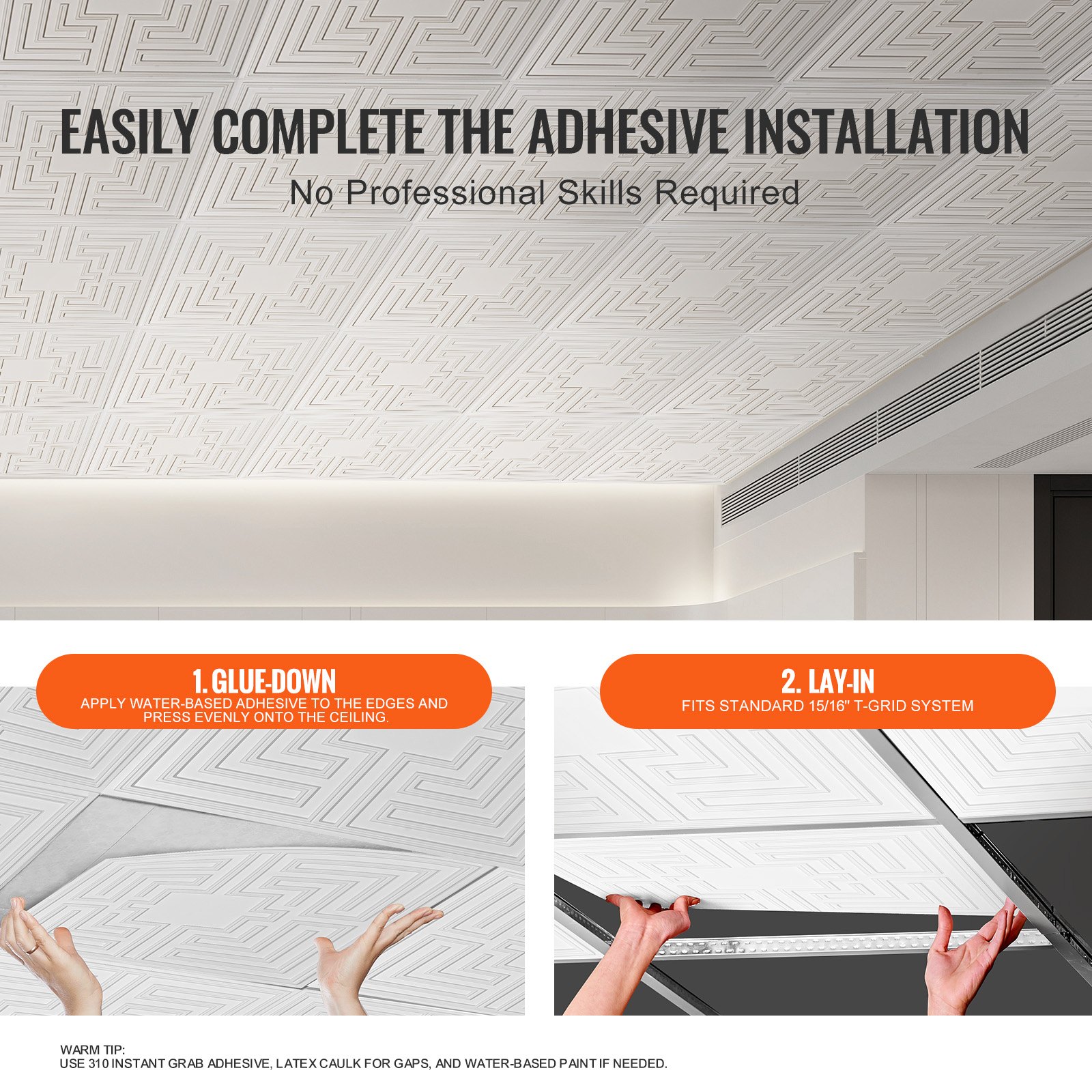 VEVOR Ceiling Tiles, 12-Pack 24 x 24 in, Drop Ceiling Tiles Premium PVC Sheet, Easy Installation/ Cutting Plastic Glue-up Ceiling Tile, Ceiling Covering for Home/Office Decoration, White Echo Pattern