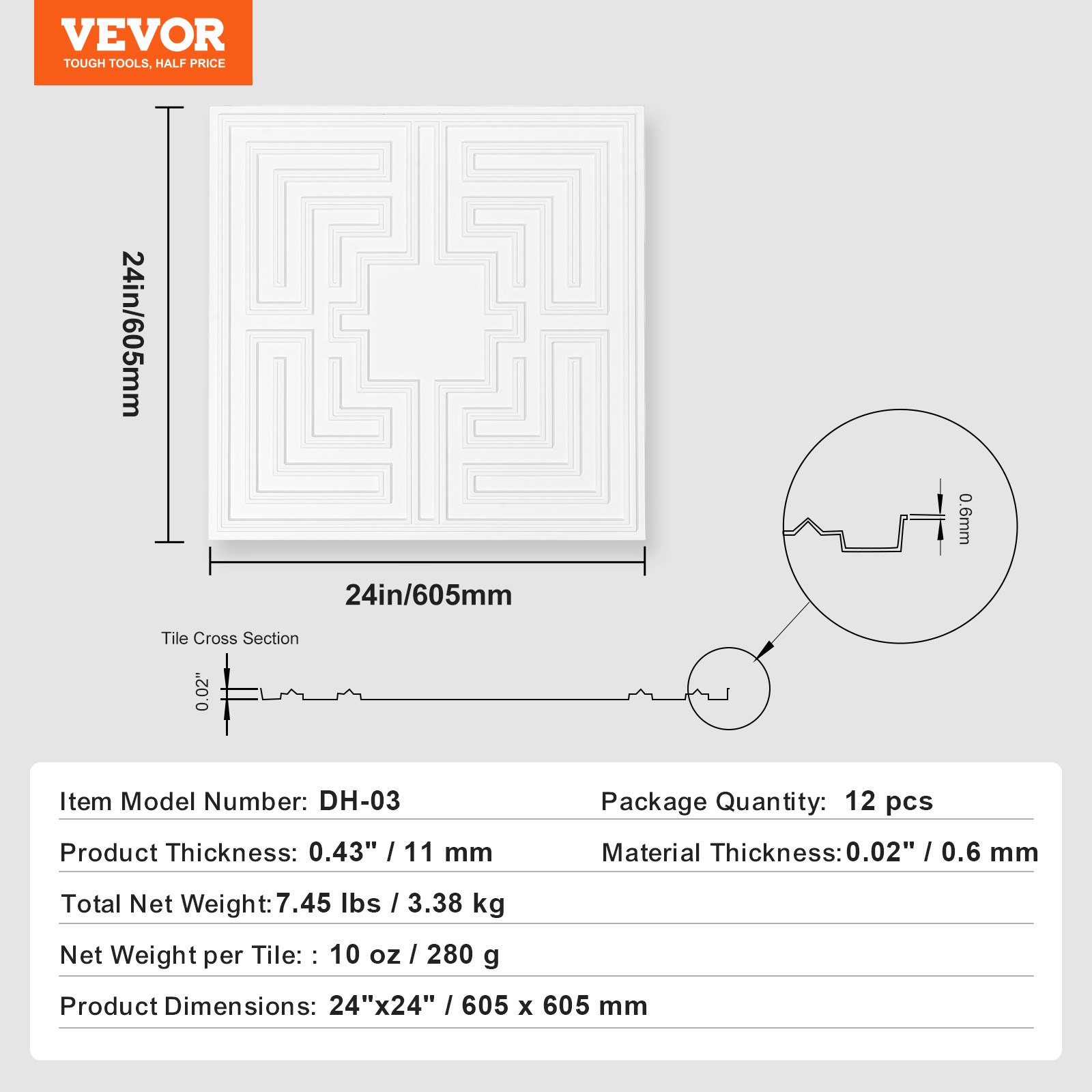 VEVOR Ceiling Tiles, 12-Pack 24 x 24 in, Drop Ceiling Tiles Premium PVC Sheet, Easy Installation/ Cutting Plastic Glue-up Ceiling Tile, Ceiling Covering for Home/Office Decoration, White Echo Pattern
