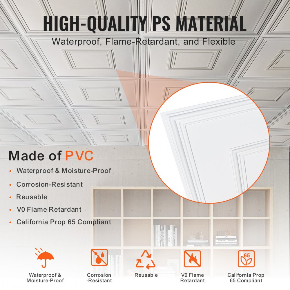 VEVOR Ceiling Tiles, 12-Pack 24 x 24 in, Drop Ceiling Tiles Premium PVC Sheet, Easy Installation/ Cutting Plastic Glue-up Ceiling Tile, Ceiling Covering for Home/Office Decoration, White Geometric