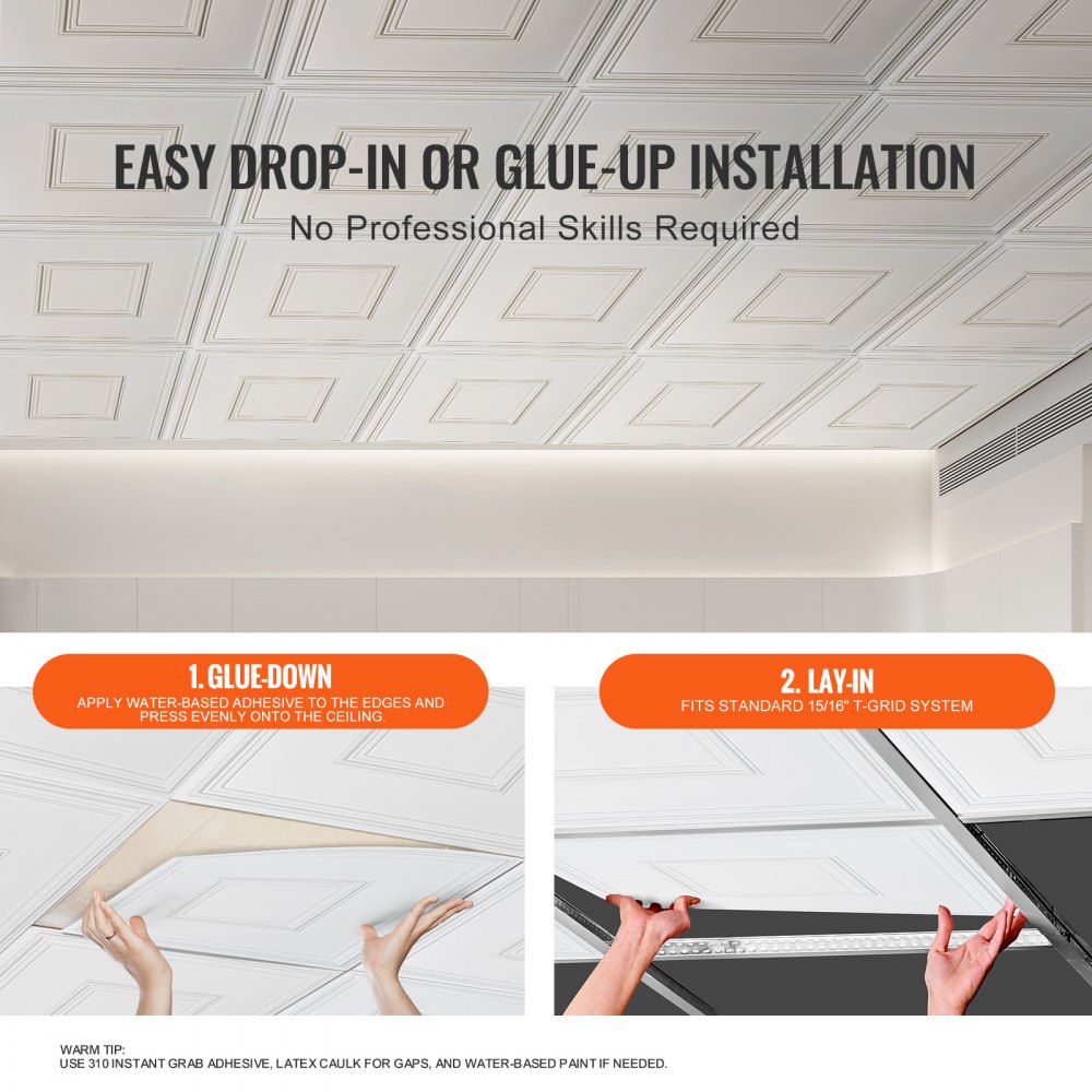 VEVOR Ceiling Tiles, 12-Pack 24 x 24 in, Drop Ceiling Tiles Premium PVC Sheet, Easy Installation/ Cutting Plastic Glue-up Ceiling Tile, Ceiling Covering for Home/Office Decoration, White Geometric